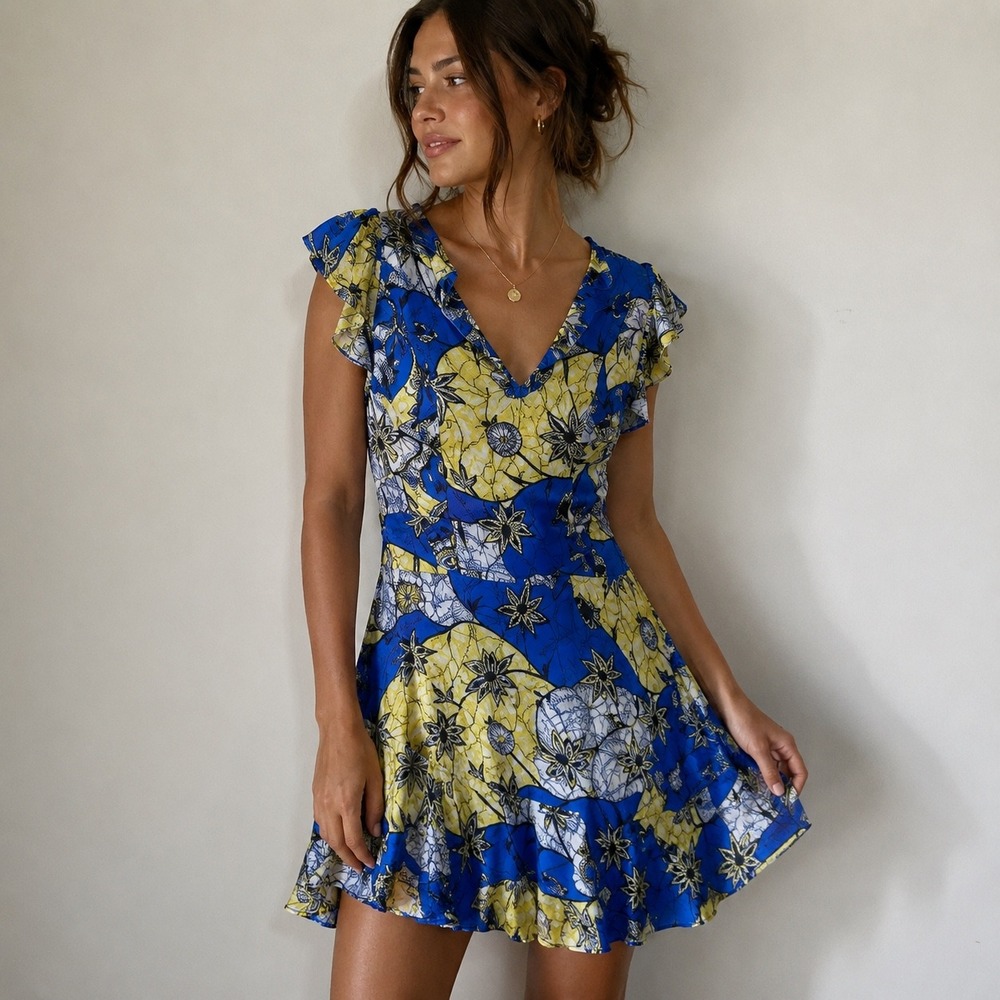 Warm Blue Yellow Botanical Floral Silk Dress Size‎ 2 Summer Vacation Resort